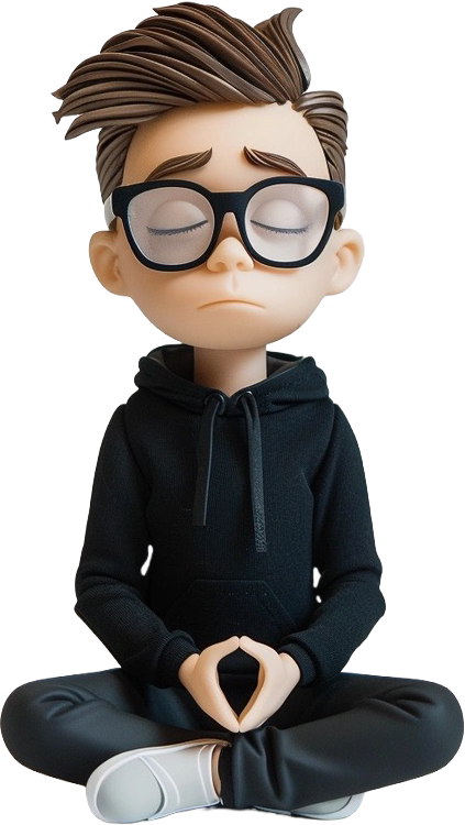 A small figure of Trev sitting cross-legged with his eyes closed, in glasses and a black hoodie