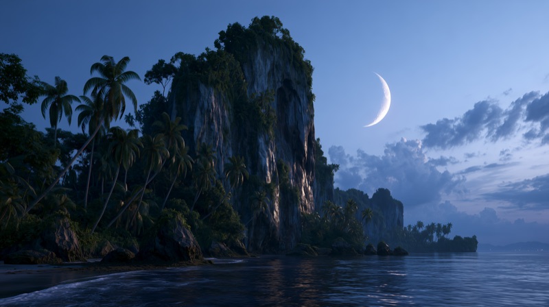 Moonlit island at night