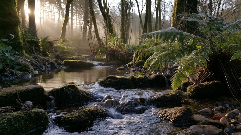 Misty forest brook at first light