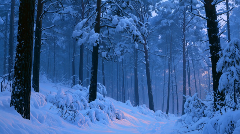Snowy pine forest at dusk