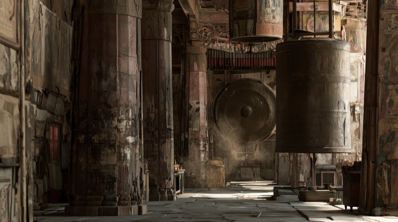 A temple hall with a great gong