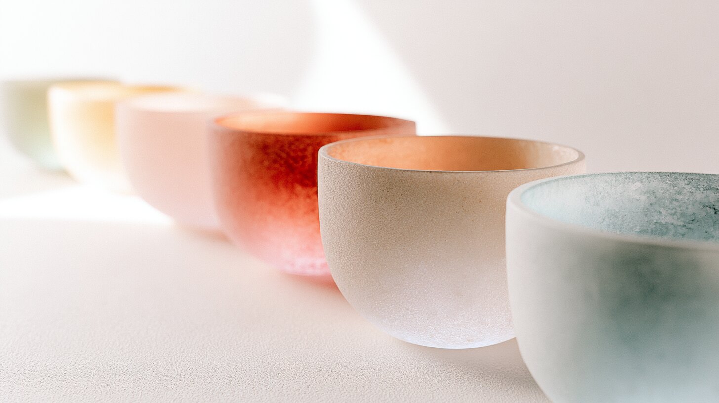 A line of frosted crystal singing bowls in soft daylight, each holding its own color