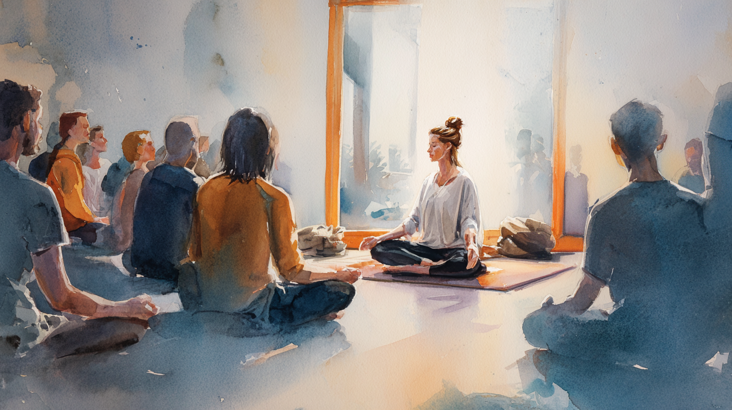 Guided meditation session: teacher seated with group in soft light