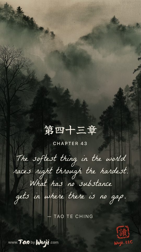A shared card: lines from chapter forty-three of the Tao Te Ching over one of the paintings